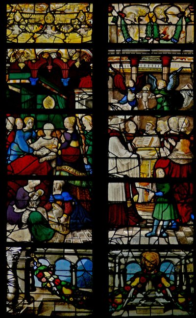 Vindu w107 som viser scener fra St Claudes liv: hans fødsel og dåp av French School