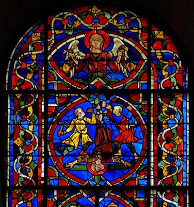 Vindu w107a som viser en engel og korsfestelsen av Peter av French School