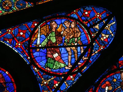 Vindu w115 som viser Adam og Eva utvist fra Eden av French School