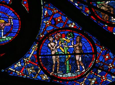 Vindu w115 som viser historien om Adam og Eva: Slangen forfører av French School