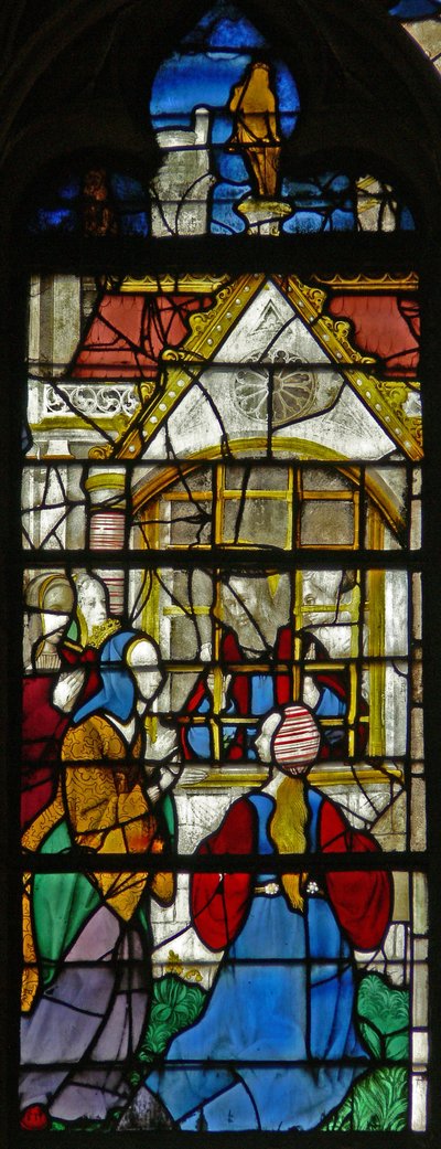 Vindu w119 som viser en scene fra livet til St. Thomas: St. Thomas i fengselet besøkes av prinsesse Migdomie; Venetiansk glass av French School