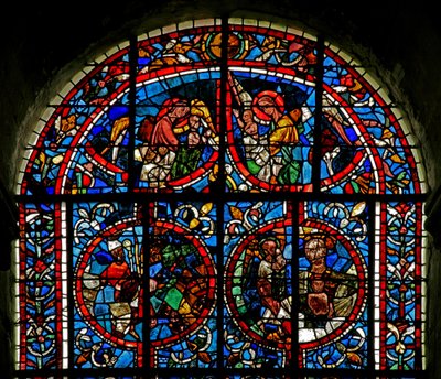 Vindu w12-L som viser engler bærer sjeler til paradis; fragmentarisk panel - en biskop? Abrahams barm av French School