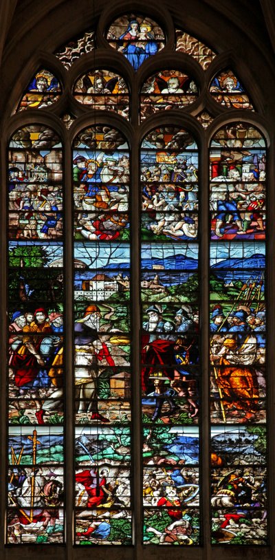 Vindu w124 som viser Abraham og Melkisedek; St James i kamp med maurene i Spania; scener fra St James