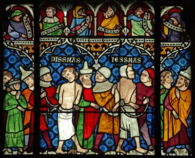 Vindu w12 som viser to tyver er valgt ut til å bli korsfestet med Jesus av French School