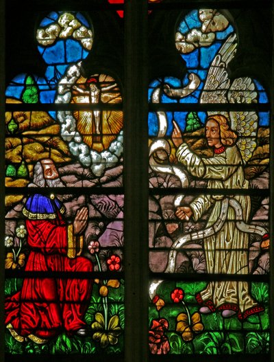 Vindu w136 som viser scener fra historien om Daniel: en visjon om korsfestelsen av French School
