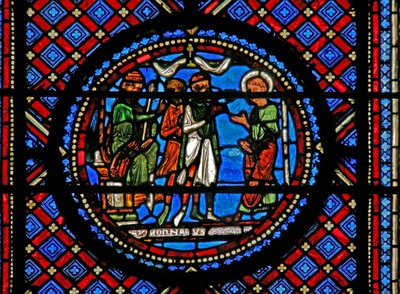 Vindu w14 som viser Simon Magus og St Peter før Herodes av French School