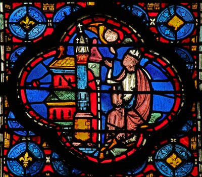 Window w15 Holy Relics: Guiriace anbefalt av en engel (fra en St Helen-serie?) av French School