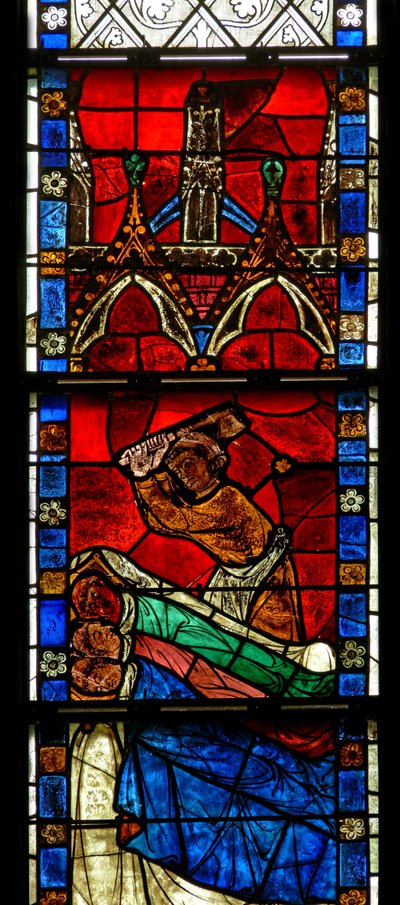 Vindu w15 som viser en scene fra en legende om St. Nicholas: miraklet med 3 gutter: en slakter dreper tre gutter av French School