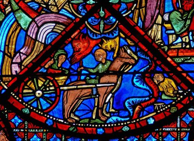 Vindu w15 som viser historien om St Stephens relikvier: djevler forstyrrer transporten av relikviene av French School