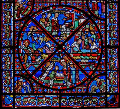 Vindu w15 som viser historien om St Stephens relikvier: den nederste delen av vinduet av French School