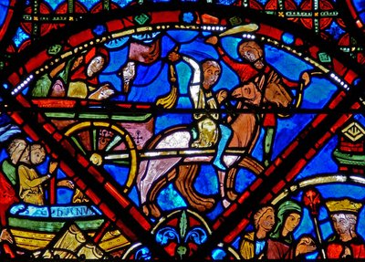 Vindu w15 som viser historien om St Stephens relikvier: transport av relikviene med hest og vogn av French School
