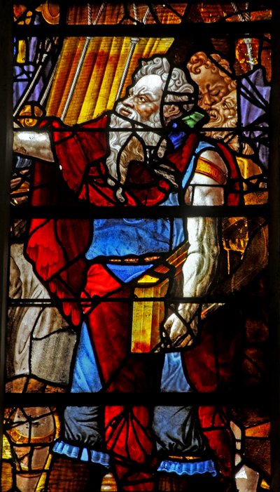 Vindu w16 som viser Moses (moderne hode) organiserer innsamlingen av Manna (noen figurer er kopier av Michelangelo-figurer) av French School
