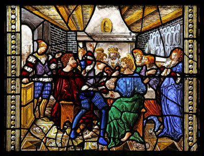 Vindu w16 som viser St. Thomas i India er invitert til bryllupet til Pelagius blir slått av en tjener - som igjen blir spist av en løve. En hund bringer inn tjenerens arm av French School
