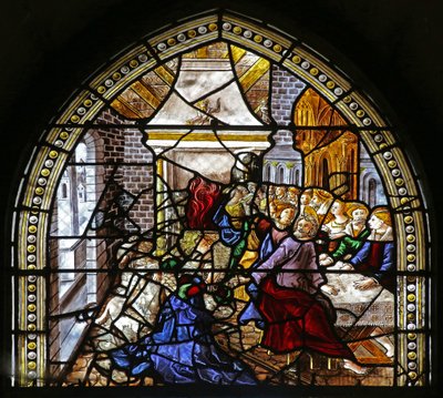 Vindu w16 som viser St. Thomas i India er invitert til bryllupet til Pelagius blir slått av en tjener - som igjen blir spist av en løve. En hund bringer inn tjenerens arm av French School