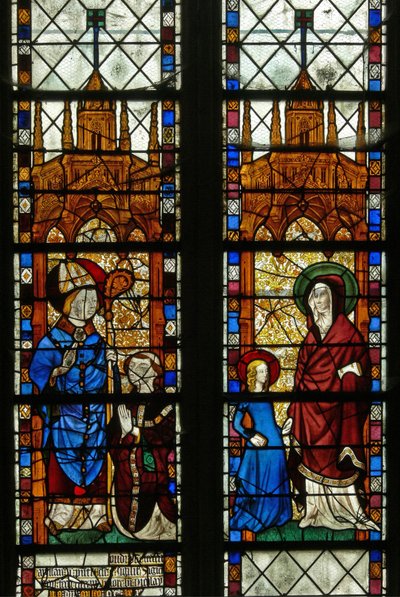 Vindu w17 som viser St. Nicholas og giveren Oudin de Troyes; St Anne og Jomfru Maria av French School