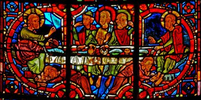 Vindu w17 som viser en scene fra Maria Magdalenas liv - helgenen som vasker Kristi føtter av French School