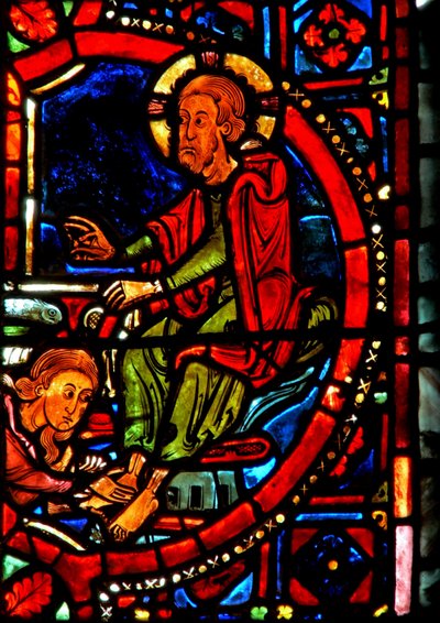 Vindu w17 som viser en scene fra Maria Magdalenas liv - helgenen som vasker Kristi føtter av French School