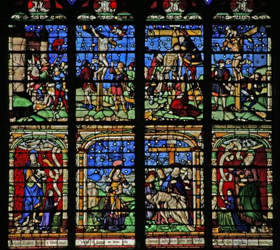Vindu w19 som viser korsfestelsen, avsetningen og Pieta av French School