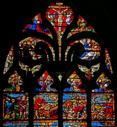 Vindu w1 som viser korsfestelsen med Maria og Johannes, Via Crucis, avsetningen av French School