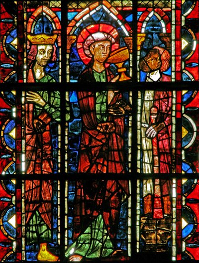 Vindu w202 som viser en scene fra legenden om St John: helgenen og den forgiftede koppen av French School