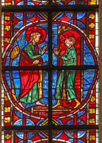 Vindu w210 som viser St James og magikeren Hermogenes-lærlingen Philetus av French School