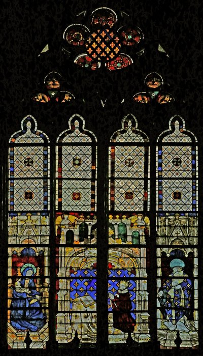 Vindu w210 som viser det kongelige vinduet med Jomfru Maria, Charles VI og St Denis av French School
