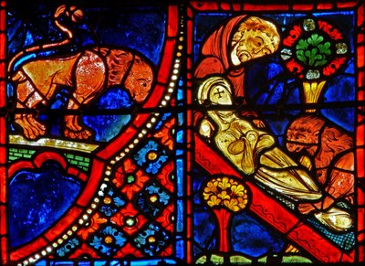 Vindu w21 som viser en løve hjelper Zosimus med å begrave den egyptiske Maria av French School