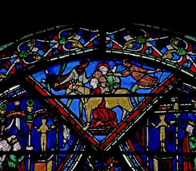 Vindu w21 som viser en scene fra livet til St Eustache: han blir giftet med familien sin i Brazen Bull av French School