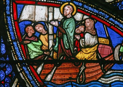 Vindu w21 som viser en scene fra St Eustaches liv: han reiser med familien til Egypt av French School