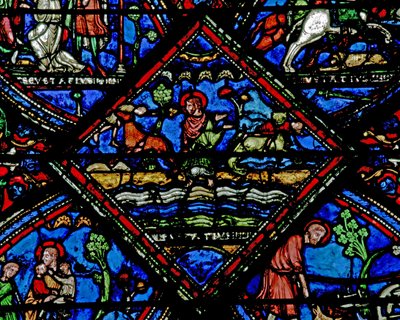 Vindu w21 som viser en scene fra livet til St Eustache: barna hans blir båret bort av ville dyr av French School