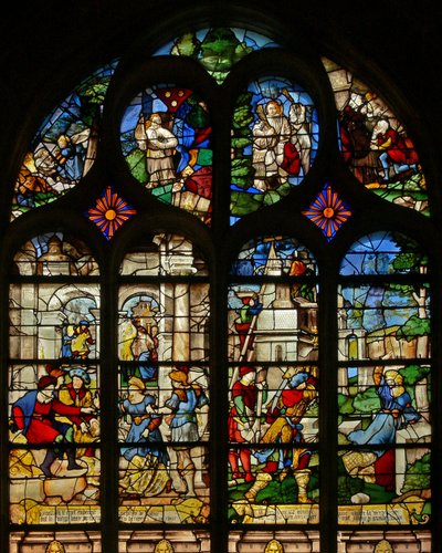 Vindu w21 som viser scener fra St Barbaras liv av French School