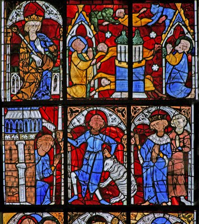 Vindu w221 som viser en scene fra St Peters liv: Simon Magus prøver å fly; forandrer seg til en sau av French School