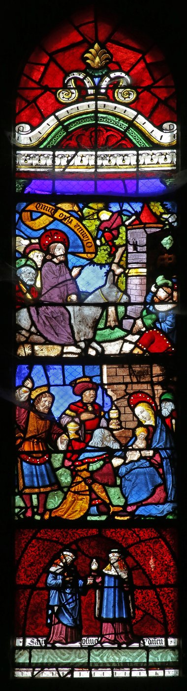 Vindu w22 som viser inntoget til Jerusalem; Tilbedelse av magi; Ss Cosmos og Damian av French School