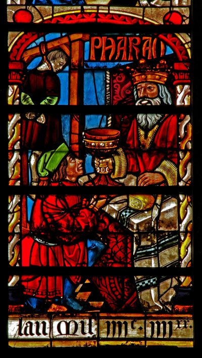 Vindu w234 som viser en scene fra historien om Joseph: butleren gjeninnsatt og bakeren blir hengt av French School
