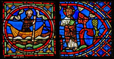 Vindu w23 som viser St. Julian Hospitalier møter Kristus på den andre siden av elven hver natt av French School
