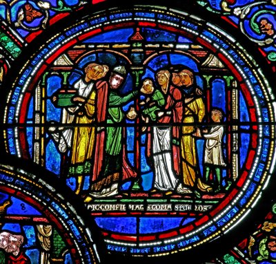 Vindu w23 som viser St Thomas Becket som konfirmerer barn av French School