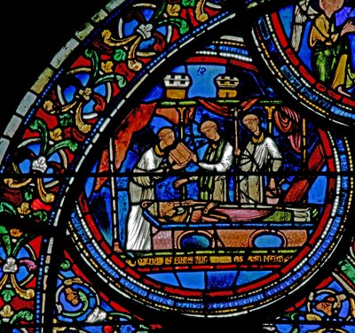 Vindu w23 som viser begravelsen av St. Thomas Becket av French School