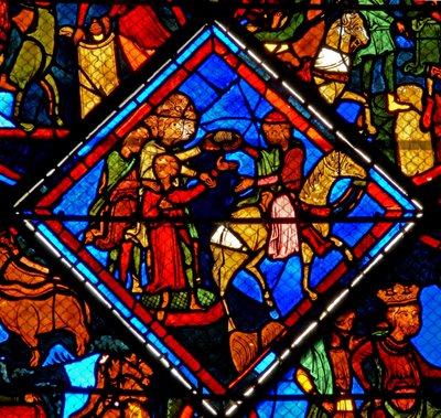 Vindu w24 som viser en scene fra historien om Josef: hans brødre med deres far Jakob av French School