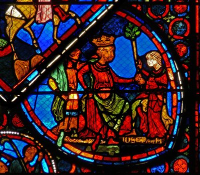 Vindu w24 som viser en scene fra historien om Josef: Farao drømmer om de fete og magre årene av French School