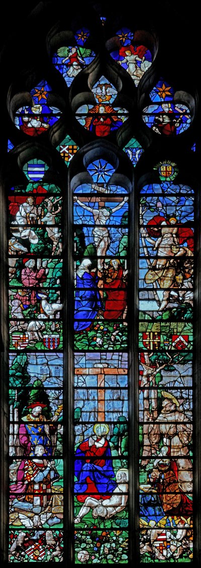 Vindu w25 som viser korsfestelsen med Hubert og St Christopher; nedenfor er giveren Louis de Roncherolles og kona Francoise de Halluin med St. Louis og St. Francis av French School