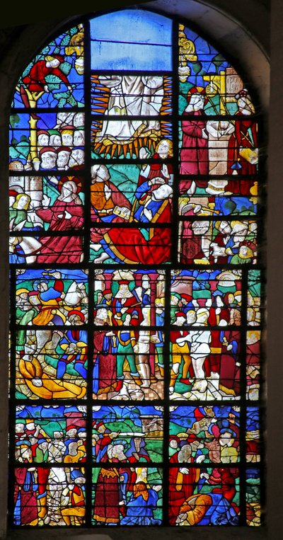 Vindu w27 som viser scener fra St. Barbaras liv og lidenskapen og forvandlingen av French School