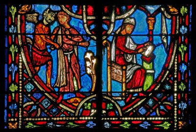 Vindu w2 som viser en scene fra Theophilus-historien (moderne) av French School