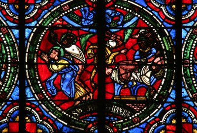 Vindu w2 som viser en scene fra St Peters liv: Simon Magus faller mens han prøver å demonstrere sine flyveevner av French School