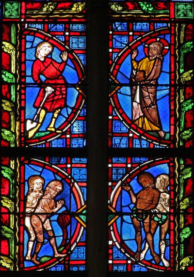 Vindu w30 som viser Gud med Adam som bærer en spade; Adam og Eva prøver å skjule sin nakenhet av French School