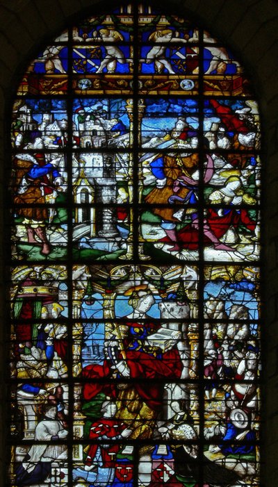 Vindu w37 som viser scener fra St Barbaras liv av French School