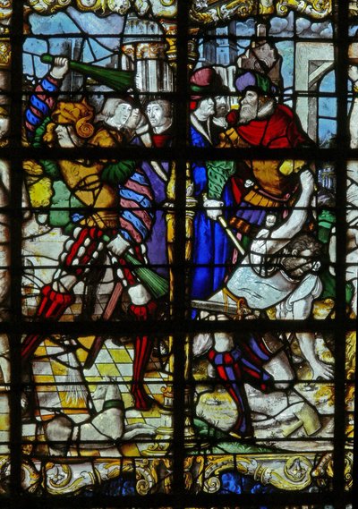 Vindu w37 som viser scener fra St Barbaras liv av French School