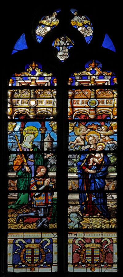Vindu w3 som viser St Barbara og giveren Jean de Montmorencyn av French School