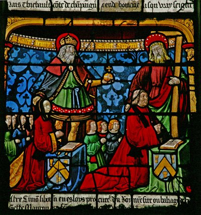 Vindu w3 som viser givere - Henriette de Mauroy og Simon Liboron med sine barn og skytshelgener St. Henry og Simon av Kyrene av French School