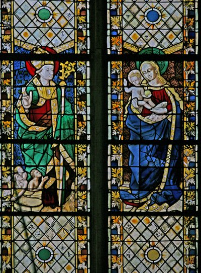 Vindu w43 som viser St Nicholas og jomfruen og barnet av French School