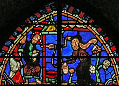 Vindu w4 som viser Kristus og den samaritanske kvinnen av French School
